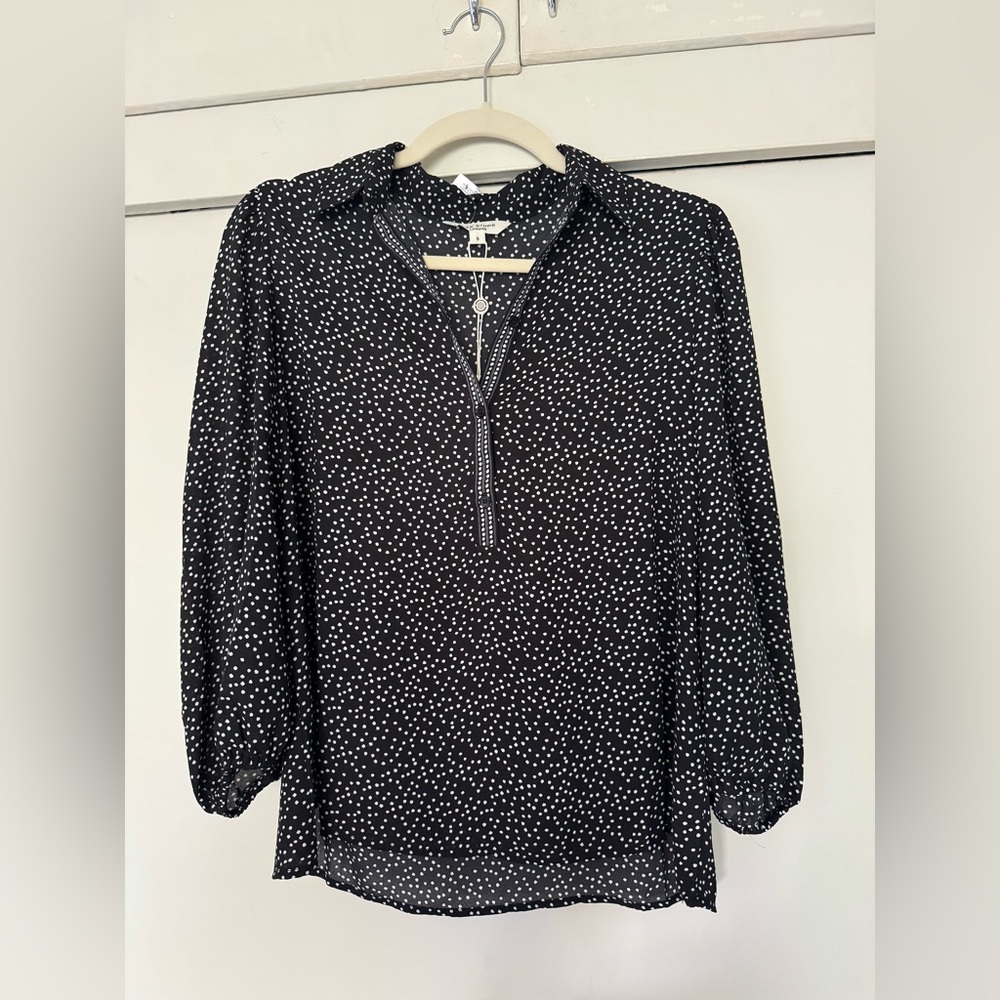 NWT Max Studio London Black and White Buttoned Polo Collar Blouse